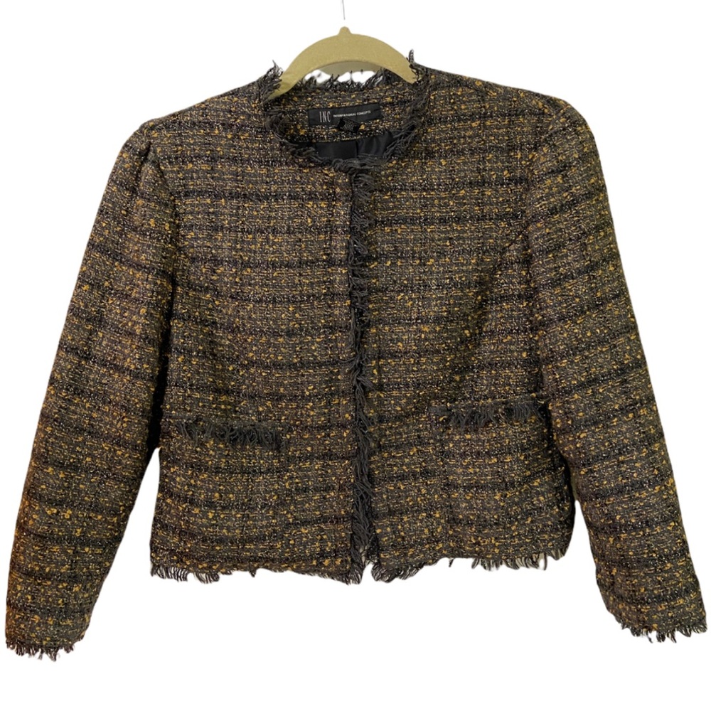 NWT INC International Concepts Gold Collarless Tweed Blend Cropped Blazer XL